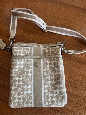 Coach Beige and White Signature Stripe Crossbody